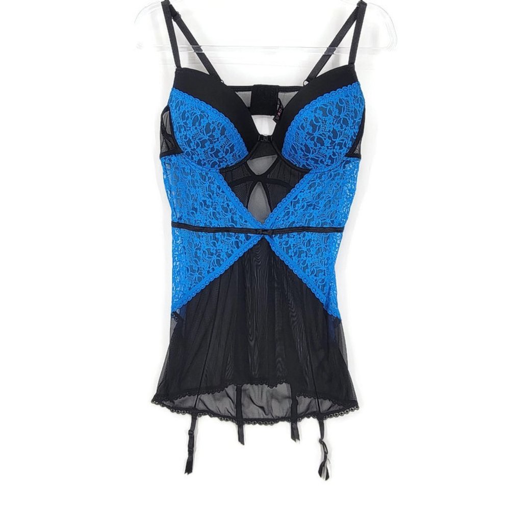 Black Fuchsia by Secret Lace 2X Bodysuit Lingerie Blue Black Sheer Busier Sexy